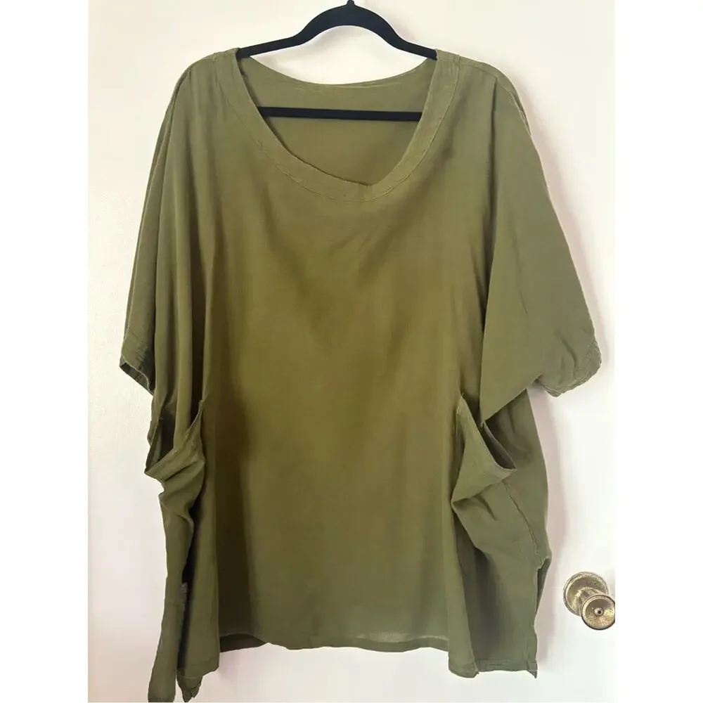LINEN Olive Green Relaxed Tunic with Side Pockets - Picture 1 of 6
